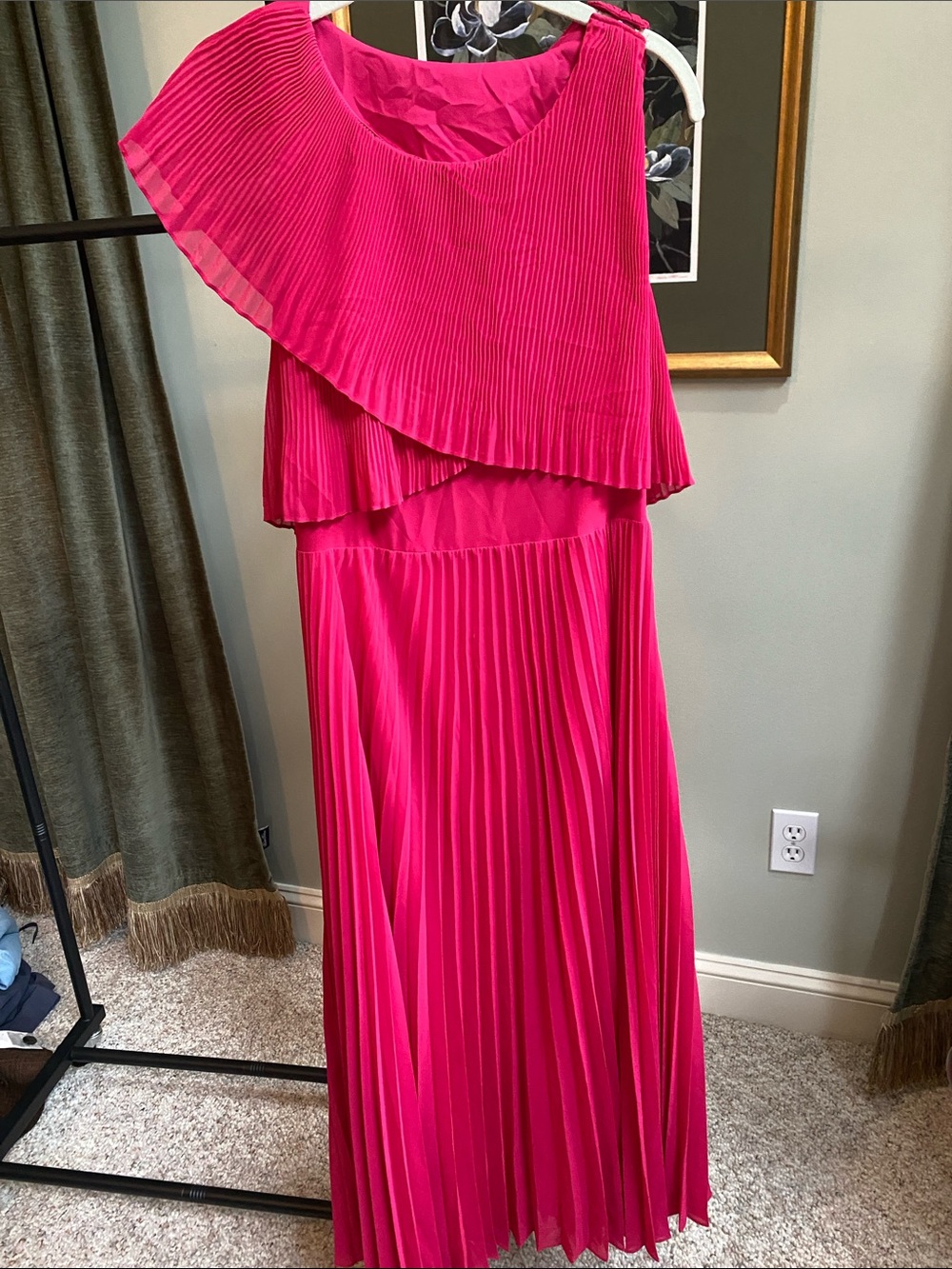 NWT Club Monaco Pleated One-Shoulder Maxi Dress - Hot Pink/Open Back